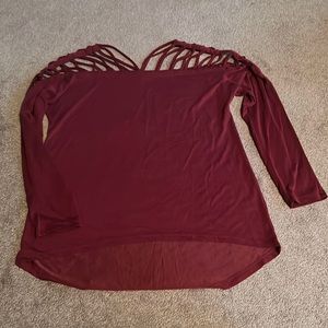 BKE maroon shirt with string detail on the shoulders